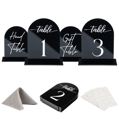 Black Arch Acrylic Table Numbers for Wedding Reception - 5" x 7" White Font Centerpiece Set with Holder Stands & Head Table Sign - Anniversary, Event, Party, Wedding set 1-20