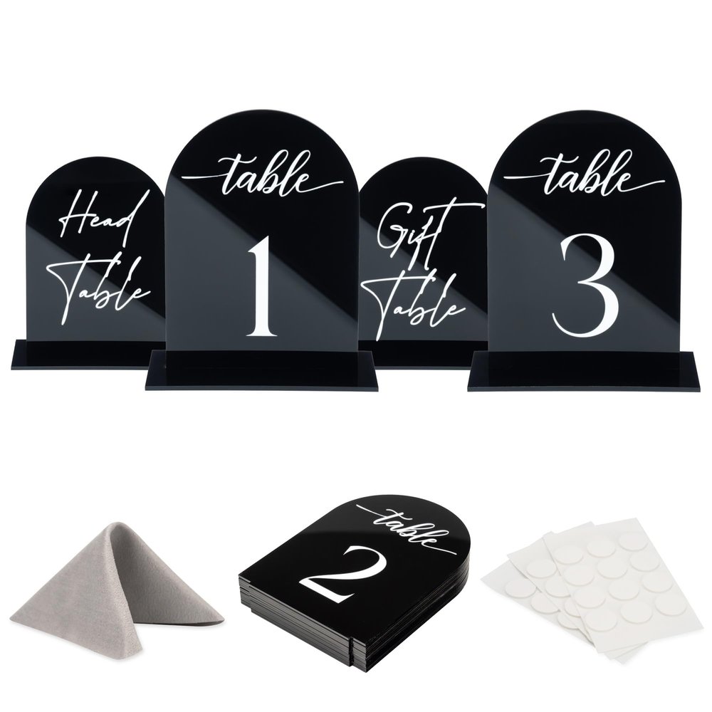 Black Arch Acrylic Table Numbers for Wedding Reception - 5" x 7" White Font Centerpiece Set with Holder Stands & Head Table Sign - Anniversary, Event, Party, Wedding set 1-20