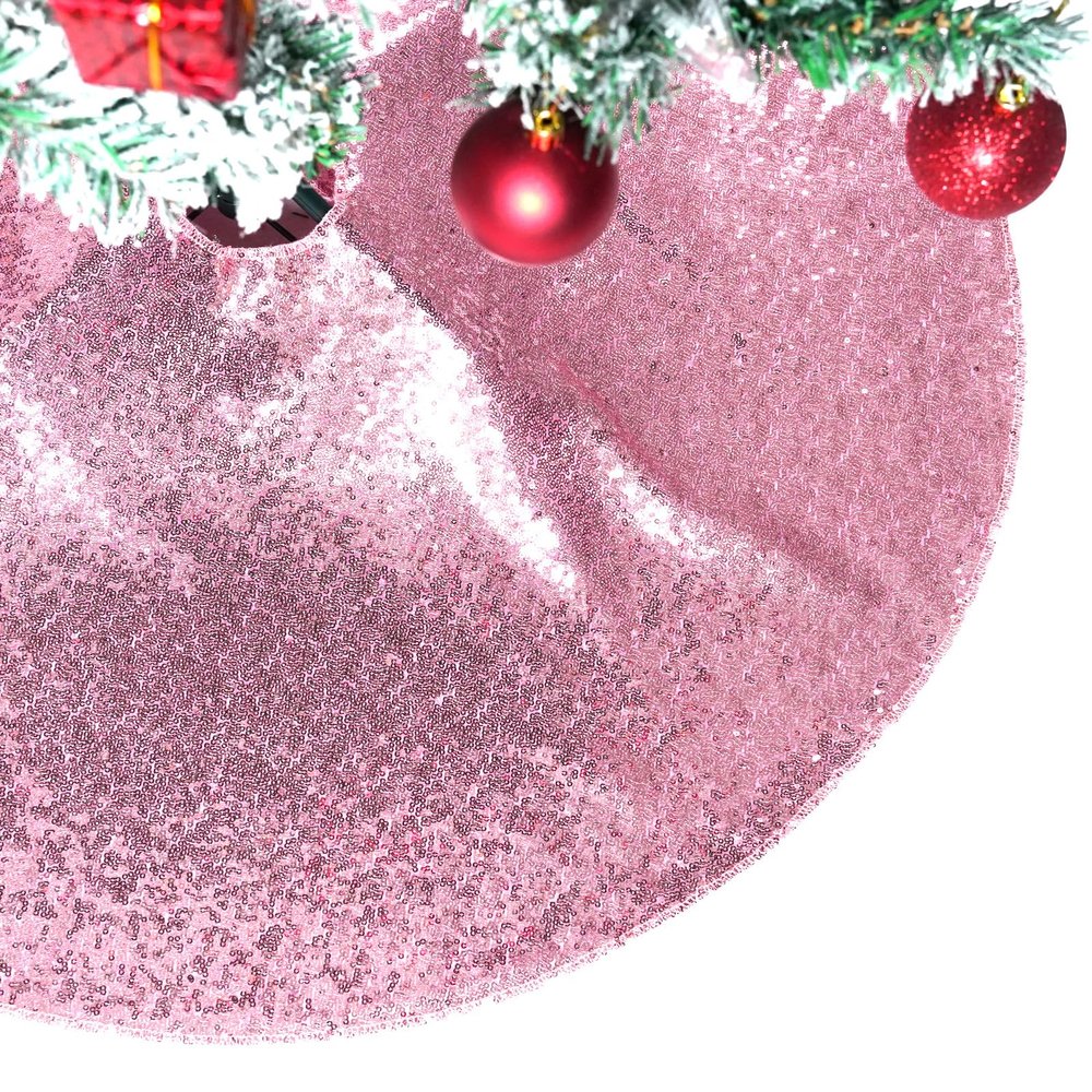 Christmas Tree Skirt 50" Round Sparkly Fuchsia Pink Sequin Ornaments Xmas New Years Party Decorations