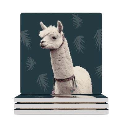 Ceramic Coasters for Drinks 4PCS Drink Coasters with Metal Holder Alpaca Llama Ceramic Coaster Drinks Cup Mat Cork Backing Stone Coasters for Tabletop Protection 4.1"