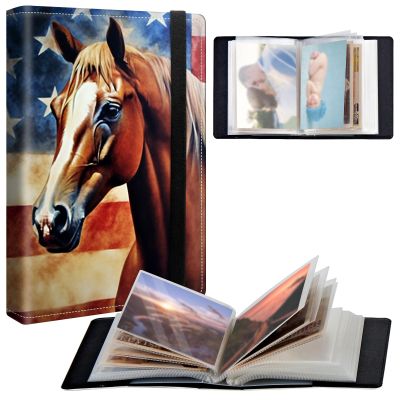 BPQOJB Small Photo Album 5x7 inch 120 Pockets Photos Pu Leather Cover Photo Albums With Elastic Band Design Cute Photo Album For Family Wedding Anniversary Travel - American Flag Horse
