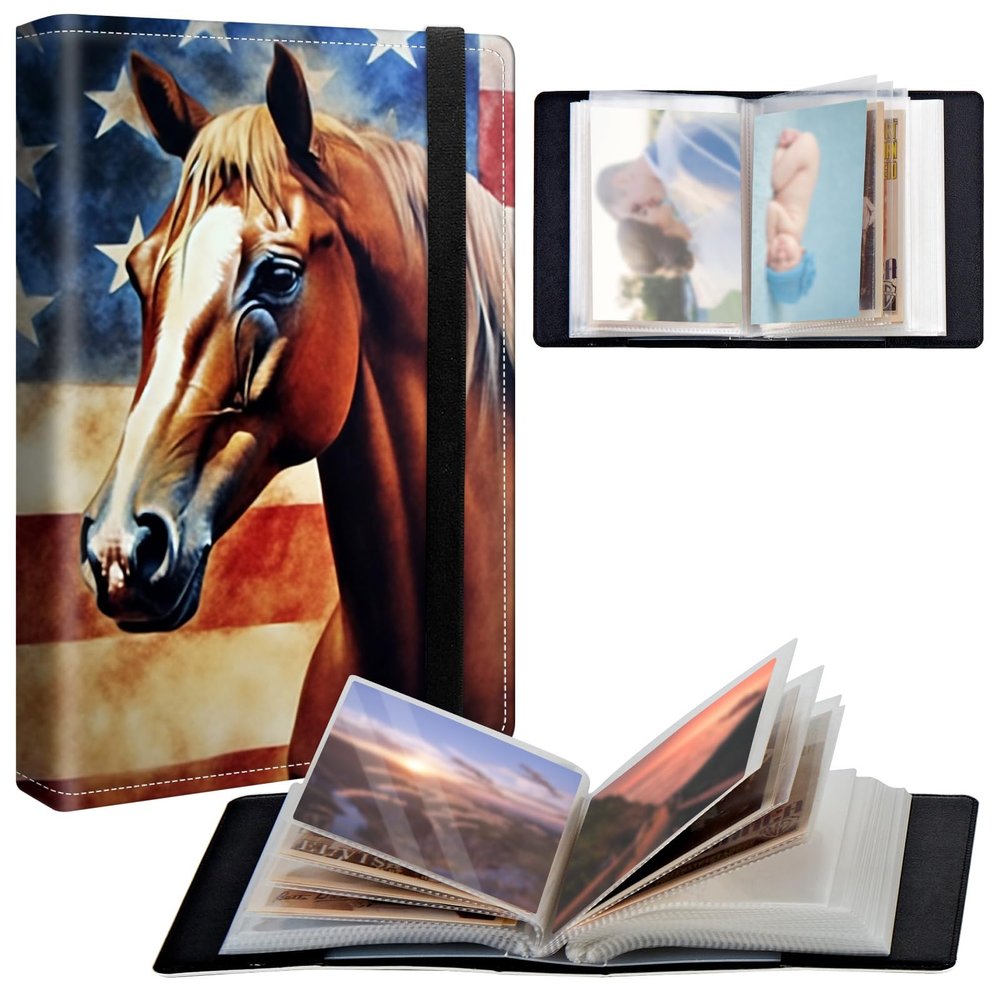 BPQOJB Small Photo Album 5x7 inch 120 Pockets Photos Pu Leather Cover Photo Albums With Elastic Band Design Cute Photo Album For Family Wedding Anniversary Travel - American Flag Horse