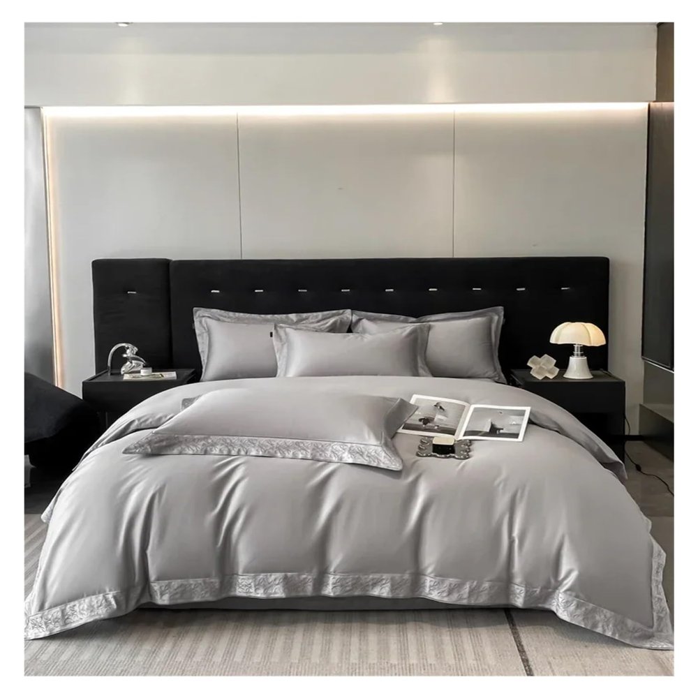Zixmix Egyptian Cotton Luxury Embroidery Style Bedding Set Simple Solid Color Duvet Cover Flat/Fitted Bed Sheet Pillowcase,Bedding, King, Gray, JM-021