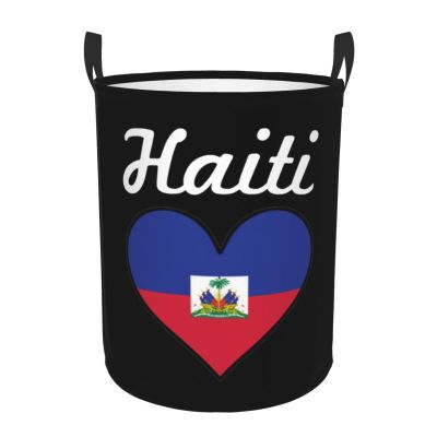 Haiti Heart Flag Clothes Hamper Round Collapsible Storage Laundry Hamper For Bathroom Bedroom Dorm Small
