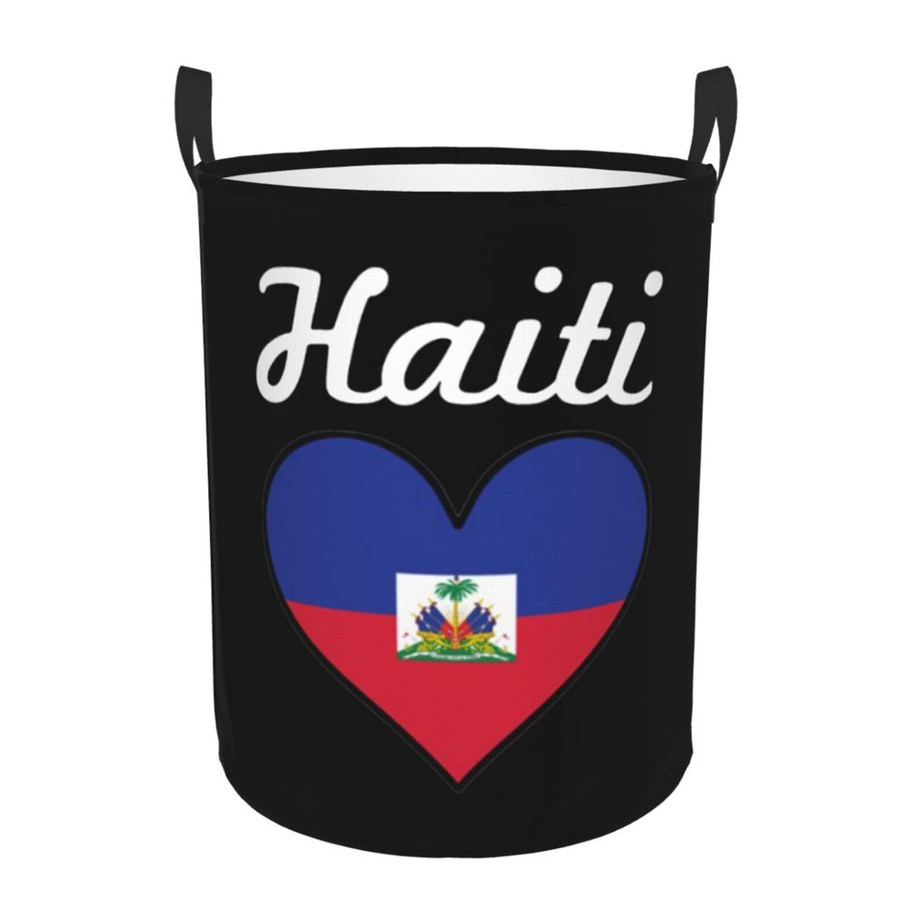 Haiti Heart Flag Clothes Hamper Round Collapsible Storage Laundry Hamper For Bathroom Bedroom Dorm Small