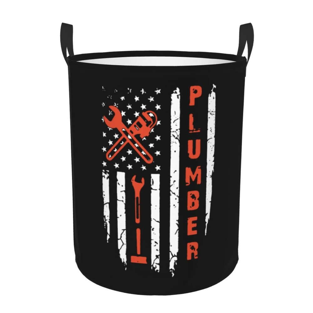 axxor Plumber American Flag Laundry Basket Round Collapsible Storage Laundry Hamper For Bathroom Bedroom Dorm Medium, Black