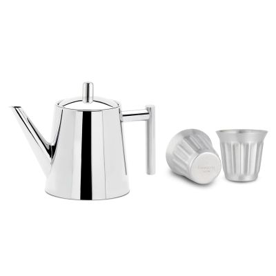 Easyworkz Stainless Steel Teapot with Removeable Infuser 27 oz, Bundled with Easyworkz Stainless Steel Double-Wall Espresso Cups 5 oz Set of 2, Vertical Stripe Design, Brushed Silver