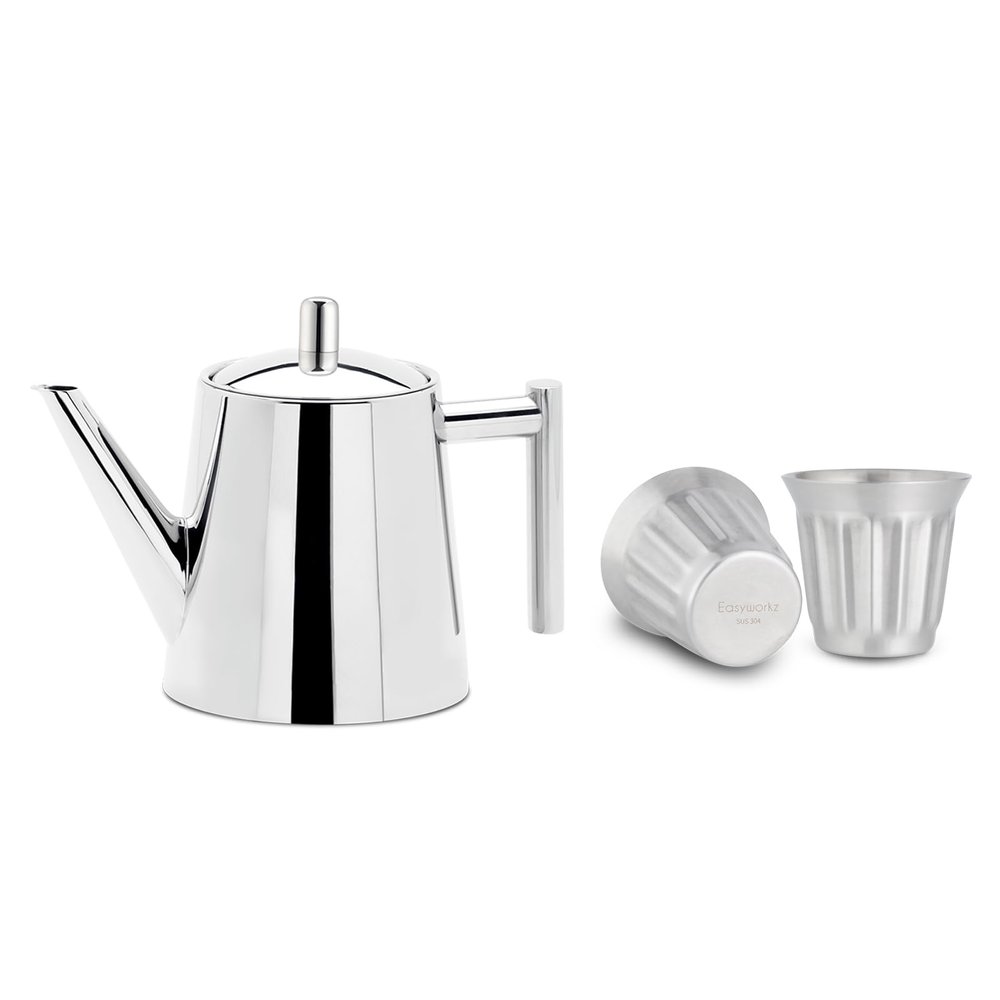 Easyworkz Stainless Steel Teapot with Removeable Infuser 27 oz, Bundled with Easyworkz Stainless Steel Double-Wall Espresso Cups 5 oz Set of 2, Vertical Stripe Design, Brushed Silver