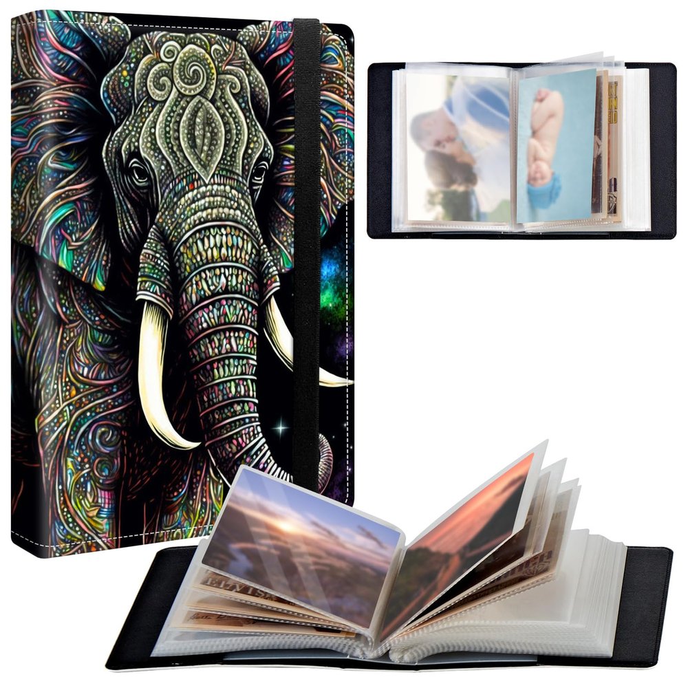 BPQOJB Small Photo Album 5x7 inch 120 Pockets Photos Pu Leather Cover Photo Albums With Elastic Band Design Cute Photo Album For Family Wedding Anniversary Travel - Elephant