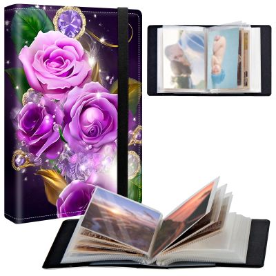 BPQOJB Small Photo Album 5x7 inch 120 Pockets Photos Pu Leather Cover Photo Albums With Elastic Band Design Cute Photo Album For Family Wedding Anniversary Travel - Pink Rose