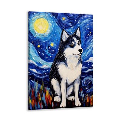 JYzymuth Husky Best Friends Pet dog Starry Sky poster Van Gogh inspired Animal Home Oil painting Art Bedroom Living Room canvas printed wall decoration 8x12inch Framed, style-14