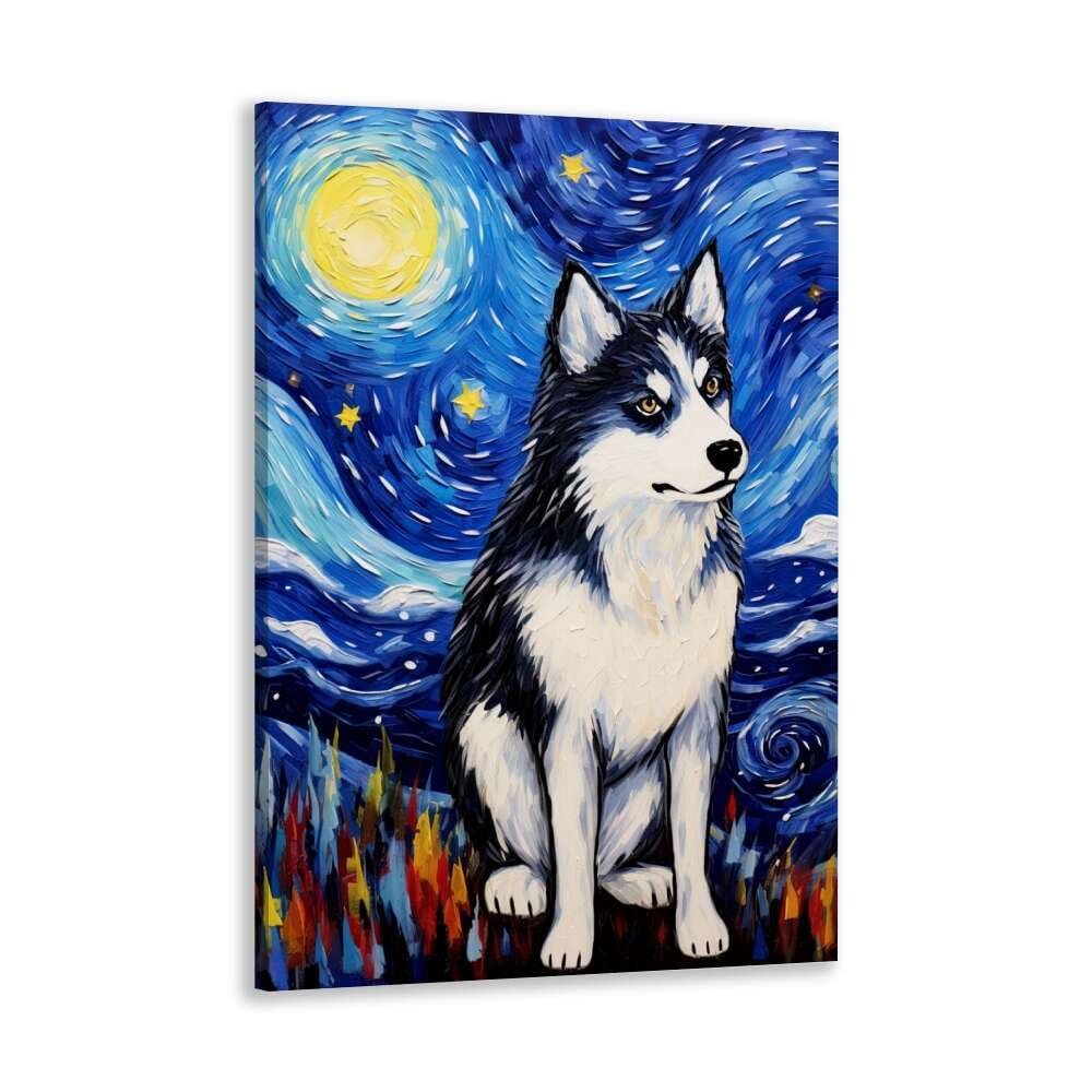 JYzymuth Husky Best Friends Pet dog Starry Sky poster Van Gogh inspired Animal Home Oil painting Art Bedroom Living Room canvas printed wall decoration 8x12inch Framed, style-14