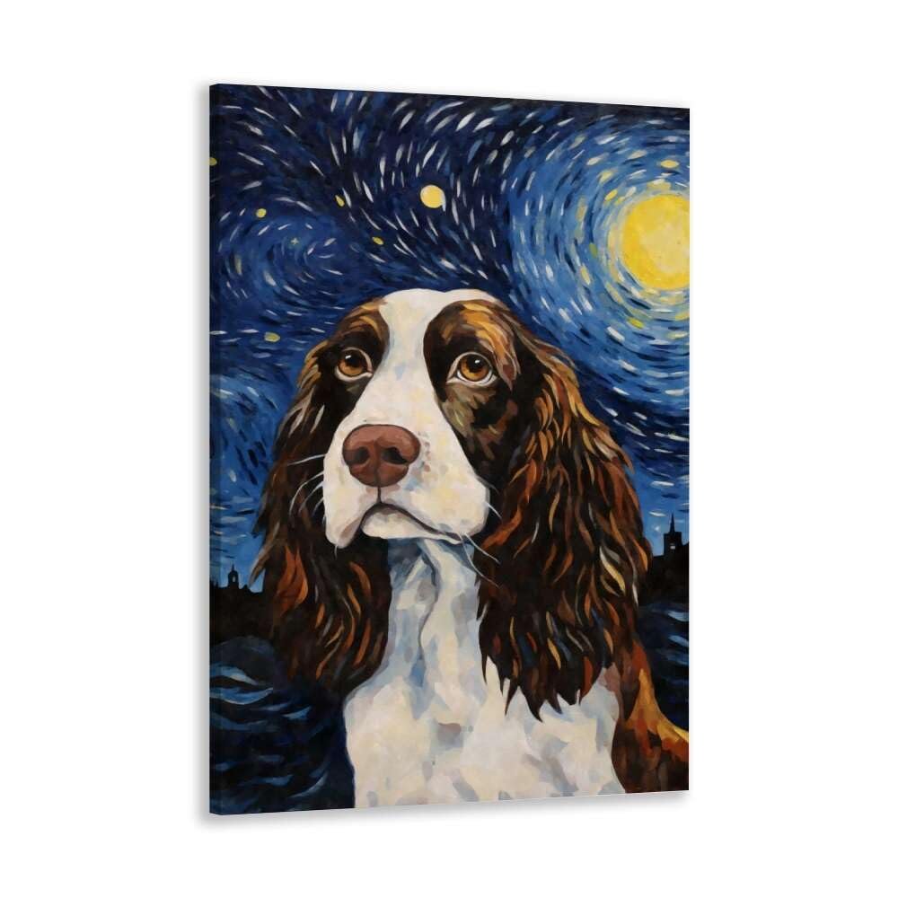 JYzymuth English Springer Spaniel Best Friends Pet dog Starry Sky poster Van Gogh inspired Animal Home Oil painting Art Bedroom Living Room canvas printed wall decoration 8x12inch Framed