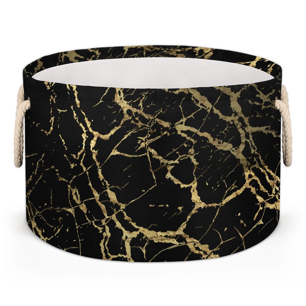 Ioracida Black Gold Marble Round Storage Basket, Blanket Basket for Living Room, 19.4" x 13.3" Marble Texture Baskets for Home Toy Closet Towels Pillows Clothes, Laundry Basket with Handles