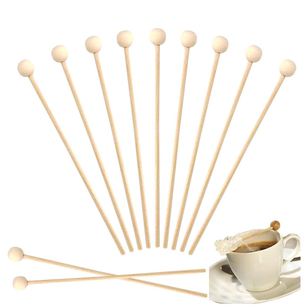 6 Inch Rock Candy Sticks Wooden Stirrer, Lollipop, Cake Pops with Ball Wood Pop Stir Sticks Appetizer Skewers Swizzle Drink Sticks (100pcs)