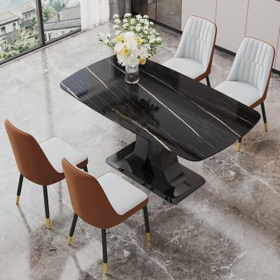 Modern Dining Table Set for 4, 63 Glass Tabletop and MDF Base, Black Faux Marble Dining Room Table with 4 Upholstered chairs, Rectangle Dinner table and Chairs for Kitchen and Dining Room.