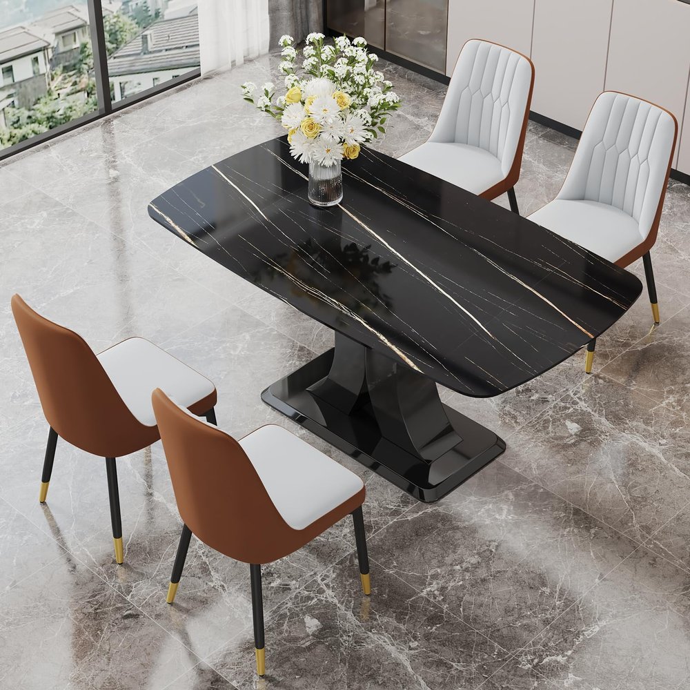 Modern Dining Table Set for 4, 63 Glass Tabletop and MDF Base, Black Faux Marble Dining Room Table with 4 Upholstered chairs, Rectangle Dinner table and Chairs for Kitchen and Dining Room.