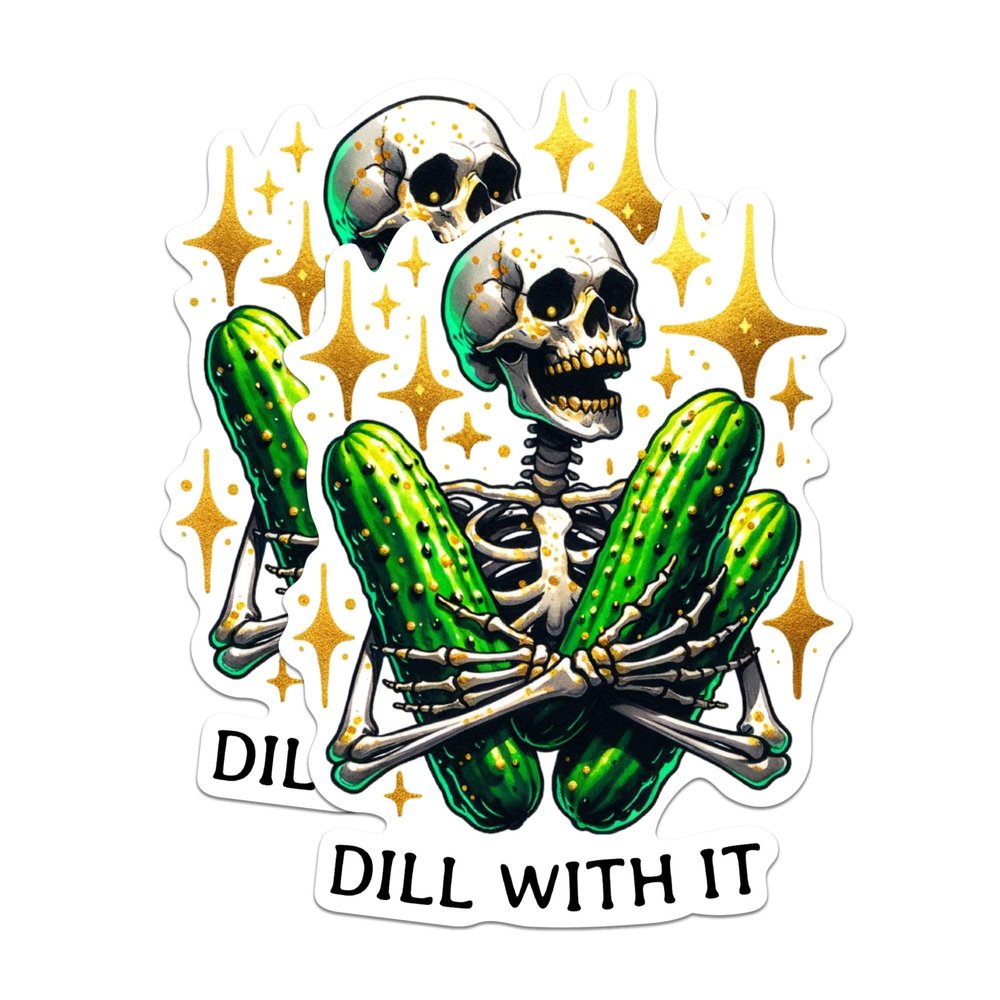 (2 Pack) Dill with It Magnets - Skeleton Holding Pickles Punny Pun Magnet - 5" On Longest Side - Premium Magnet - for Cars, Refrigerators, Toolboxes, Lockers - Made in USA - MAG0518
