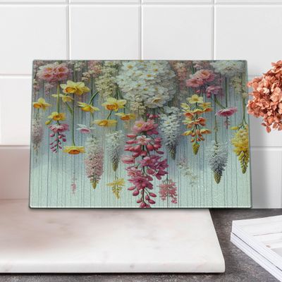 Ambesonne Spring Cutting Board, Farmhouse Dream Theme Lavenders Blooming Flowers with Abstract Stripes, Decorative Tempered Glass Cutting and Serving Board, Small Size, Mustard Dried Rose Pearl