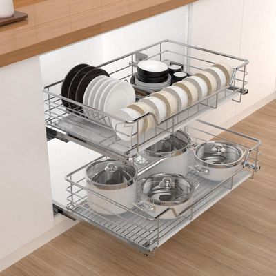 2 Tier Pull Out Cabinet Organizer Stainless Steel Kitchen Drawers with Damping Guide Rail and Drain Pan, Slide Out Drawer Storage Shelves for Kitchen Cupboard Cabinet
