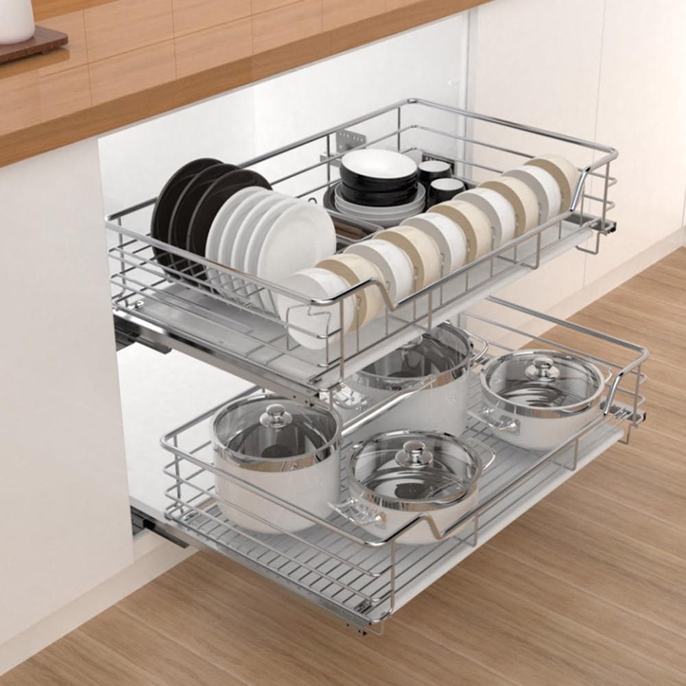 2 Tier Pull Out Cabinet Organizer Stainless Steel Kitchen Drawers with Damping Guide Rail and Drain Pan, Slide Out Drawer Storage Shelves for Kitchen Cupboard Cabinet