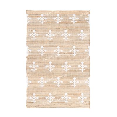 Natural Beige Cotton Kilim Rugs for Home & Kitchen, White Floral Pattern Turkish Handmade Carpet, Natural Jute Hallway Large Rectangular Area Rug - (9x11 Ft)