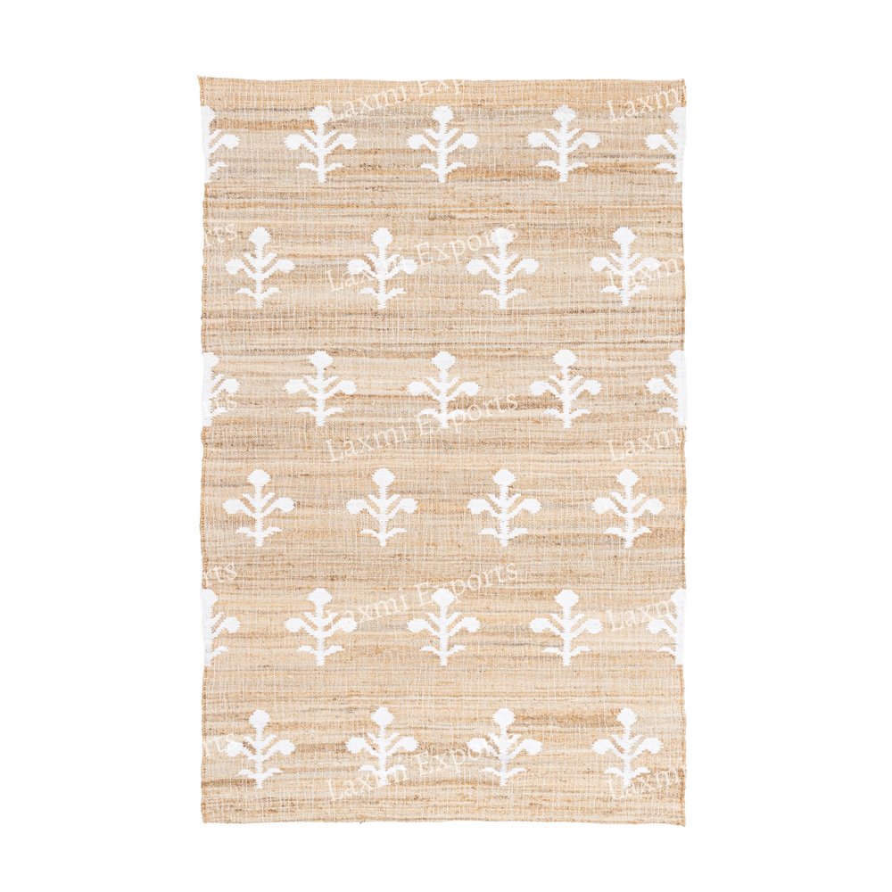 Natural Beige Cotton Kilim Rugs for Home & Kitchen, White Floral Pattern Turkish Handmade Carpet, Natural Jute Hallway Large Rectangular Area Rug - (9x11 Ft)