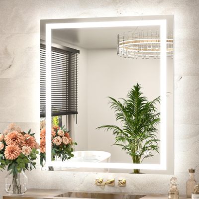TETOTE LED Bathroom Mirror with Brighter Lights 32 x 36 LED Lighted Vanity Mirror with Frontlit and Backlit, 3-Color Dimmable Illuminated Anti Fog Light up Mirror for Bathroom Wall, Tempered Glass
