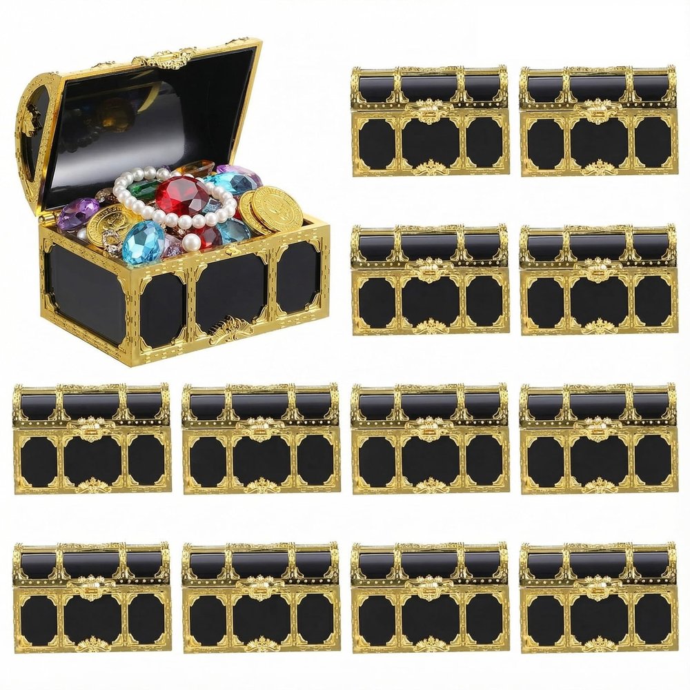 DECHOUS 12Pcs Kids Pirate Treasure Chest Box: Mini Treasure Box for Boys & Girls - Small Plastic Pirate Chest Toy for Party Favor Birthday Theme Decoration, 3 Inch