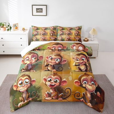 Feelyou Cute Monkeys Bedding Set Wild Animal Pattern Comforter for Kids Boys Girls Natural Wildlife Bed Set Room Decor Comforter Set Full Size