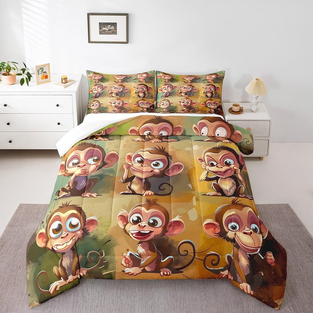 Feelyou Cute Monkeys Bedding Set Wild Animal Pattern Comforter for Kids Boys Girls Natural Wildlife Bed Set Room Decor Comforter Set Full Size