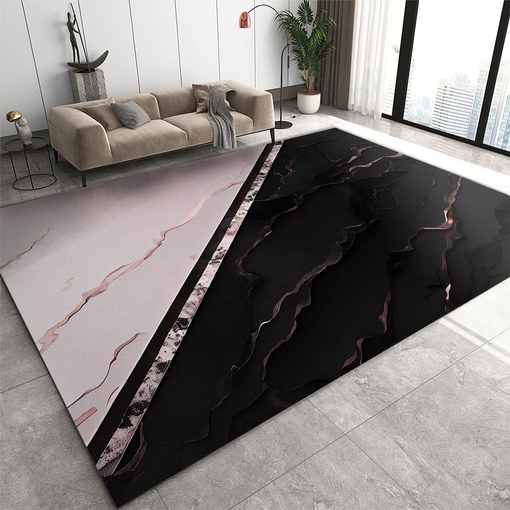 Luxurious Black and Pink Patchwork Area Rug, European Marble Texture Indoor Non Slip Print Rugs, Machine Washable Carpet for Living Room Bedroom Kitchen Office Floor Mat - 2 ft x 6 ft