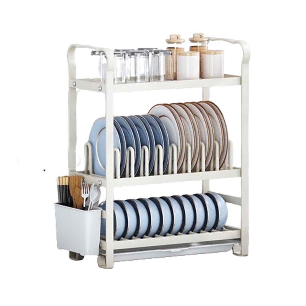 Dish Rack Dish Drying Rack Dish Drainer Over Sink Drainer Draining Rack with Drip Tray 2 Tier Metal with Cutlery Holder Portable Removable Basket Kitchen Load-bearing Capacity (40x17.5x54.5cm,white)