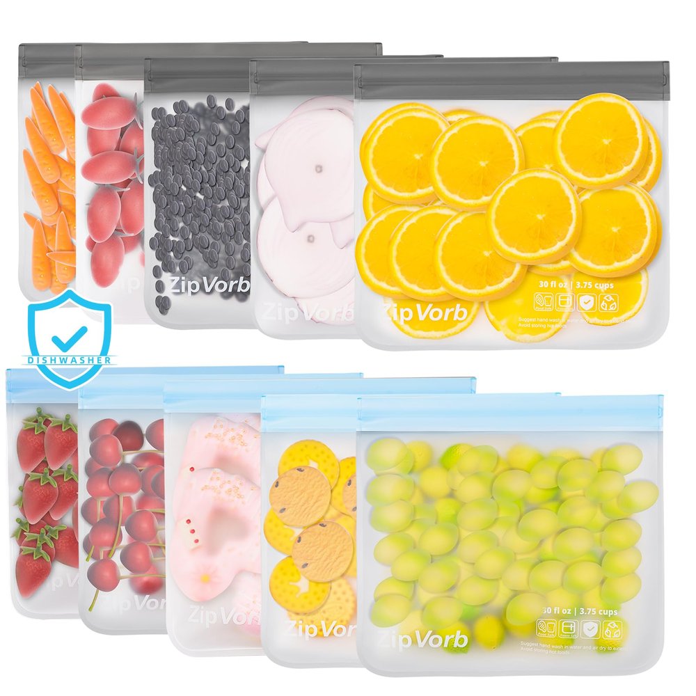 10-Pack Reusable Sandwich Freezer Bags - Dishwasher Safe, BPA-Free, Leakproof for Meat, Cereal, Veggies & Kitchen Storage Organization MixColor
