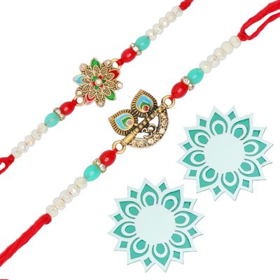 Set of 2 Rakhi for Brother and Bhabhi Rakhi Thread Bracelets with Gift Pack of 2 Decorative Coaster Made of Acrylic for Indian Traditional Festival Raksha Bandhan Home Decor Gifting(Coaster Size:- 4")