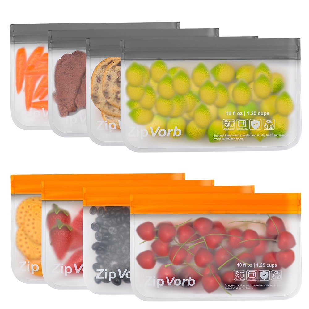 8-Pack Reusable Snack Freezer Bags - Dishwasher Safe, BPA-Free, Leakproof for Meat, Cereal, Veggies & Kitchen Storage Organization