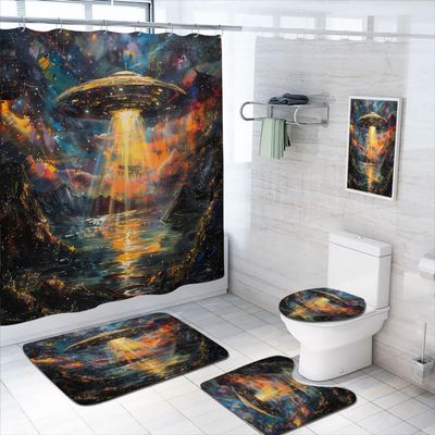 4 Pcs UFO Shower Curtain Set with Non-Slip Rugs, Toilet Lid Cover and Bath Mat Spaceship Alien Supernatural Magic Art Cool Space Bathroom Shower Curtain with 12 Hooks Accessories Decorative