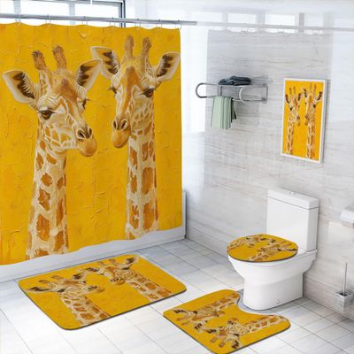 4 Pcs Giraffe Shower Curtain Set with Rugs,Toilet Lid Cover, Bath Mat Yellow Watercolor Animals Wildlife Tie Dye Bathroom Shower Curtain with 12 Hooks Accessories Decorative