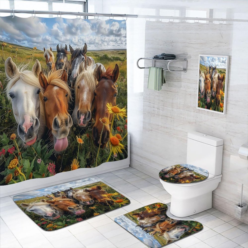 4 Pcs Smiling Horse Shower Curtain Set with Non-Slip Rugs, Toilet Lid Cover and Bath Mat Wild Brown Horse Wild Animal Bathroom Decor Sets Accessories with 12 Hooks