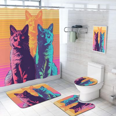 4 Pcs Cat Shower Curtain Set with Non-Slip Rugs, Toilet Lid Cover and Bath Mat Cartoon Funny Kitten Color Lively Domestic Pet Bathroom Decor Sets Accessories with 12 Hooks
