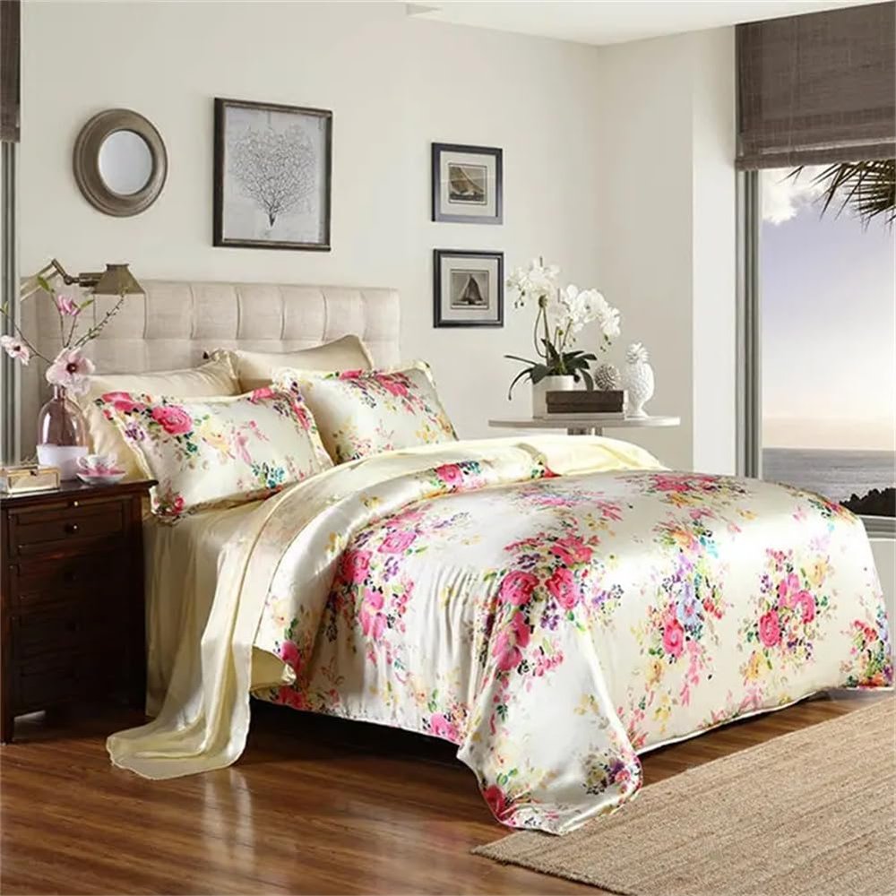 100% Mulberry Silk 3PCS Bedding Set Flower Print Duvet Cover Pillowcase Multi Size to Choose NO2 Size D