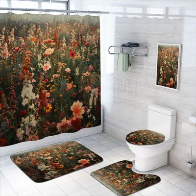 4 Pcs Wildflower Shower Curtain Set with Rugs,Toilet Lid Cover, Bath Mat Flower Colorful Art Nature Spring Lush Bathroom Shower Curtain with 12 Hooks Accessories Decorative