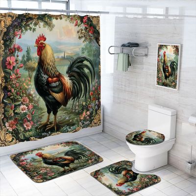 4 Pcs Rooster Shower Curtain Set with Rugs,Toilet Lid Cover, Bath Mat Farmhouse Farm Flowers Chicken Animals Bathroom Shower Curtain with 12 Hooks Accessories Decorative