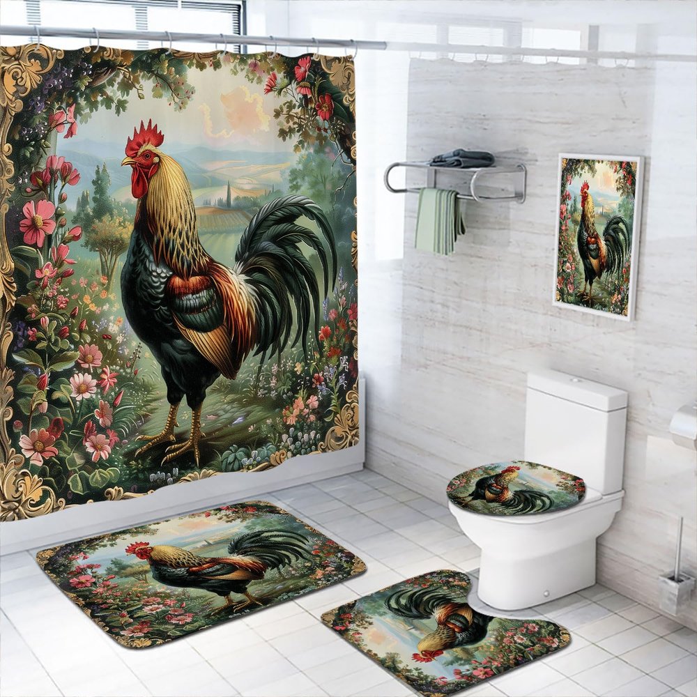 4 Pcs Rooster Shower Curtain Set with Rugs,Toilet Lid Cover, Bath Mat Farmhouse Farm Flowers Chicken Animals Bathroom Shower Curtain with 12 Hooks Accessories Decorative