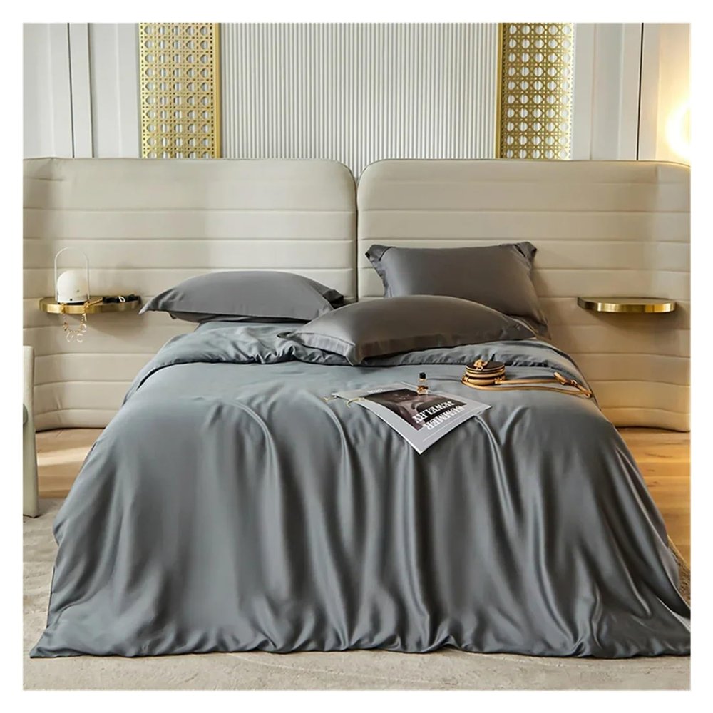 GLAMDIA Bed, Summer Dark Gray Silk Duvet Cover Pillow Case Bed Sheet Quilt Cover Set Bedding King Queen Sheet, MM-102