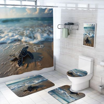 4 Pcs Sea Turtle Shower Curtain Set with Rug, Toilet Lid Cover and Bath Mat Beach Ocean Animal Cute Coastal Tropical Shower Curtain with 12 Hooks, Durable Bathroom Decor Set