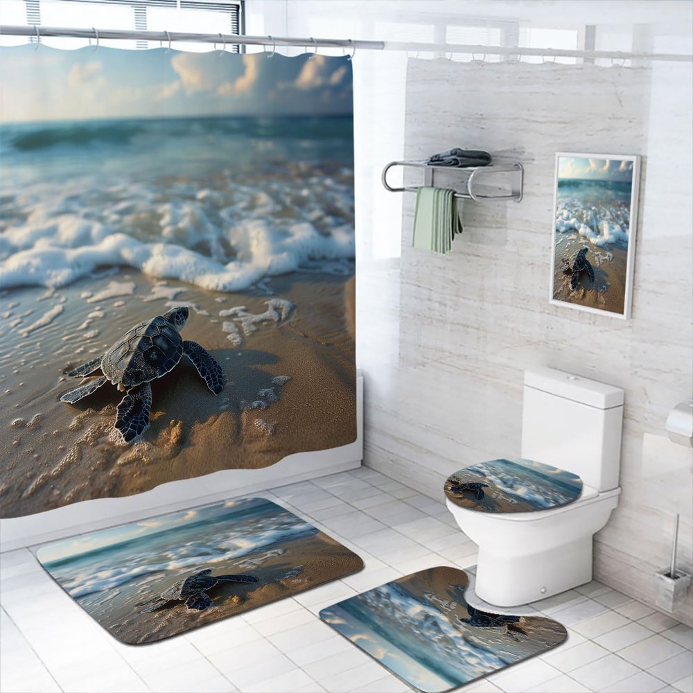 4 Pcs Sea Turtle Shower Curtain Set with Rug, Toilet Lid Cover and Bath Mat Beach Ocean Animal Cute Coastal Tropical Shower Curtain with 12 Hooks, Durable Bathroom Decor Set