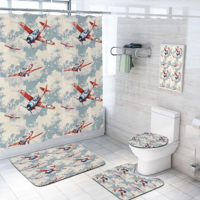 4 Pcs Vintage Airplane Bathroom Shower Curtain Set with Rugs,Toilet Lid Cover, Bath Mat Military Bomber Aircraft Aviation Bathroom Shower Curtain with 12 Hooks Accessories Decorative
