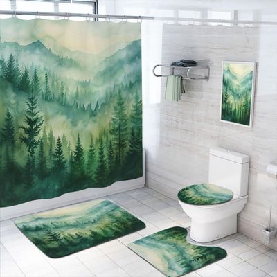4 Pcs Misty Forest Shower Curtain Set with Rug, Toilet Lid Cover and Bath Mat Mountain Rustic Cabin Woodland Bathroom Shower Curtain with 12 Hooks Accessories Decorative