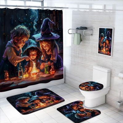 4 Pcs Witch Shower Curtain Set with Rug, Toilet Lid Cover and Bath Mat Cartoon Fantasy Magic Mysterious Fairy Tale Shower Curtain with 12 Hooks, Durable Bathroom Decor Set